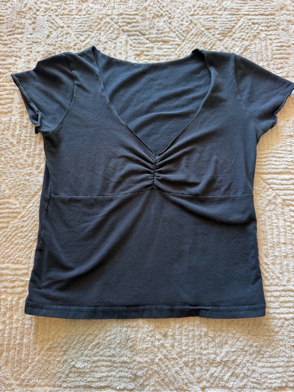 Brandy Melville Black Ruched V-Neck Short Sleeve Top